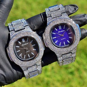 Full Iced Out Square White Gold PT Black/ Blue Face Luxury Stylish Watch